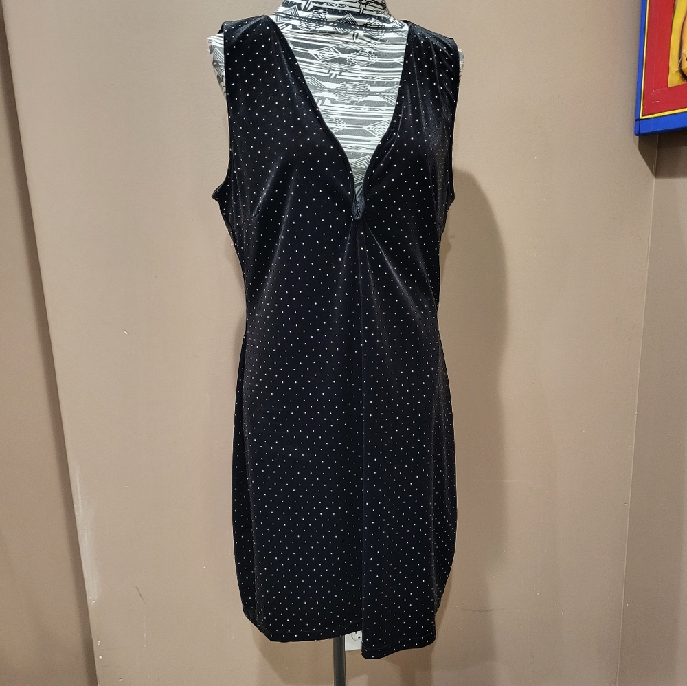 Symphony + black velvet gold dot plunging neckline cocktail dress
